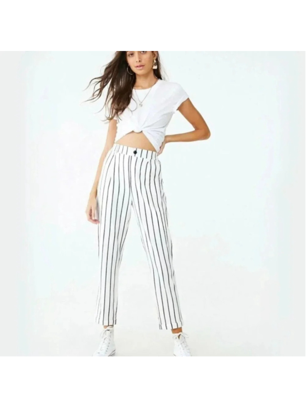 FOREVER 21 Striped Woven Long Pants Cream/Black Hem Front Slant Pockets Size L